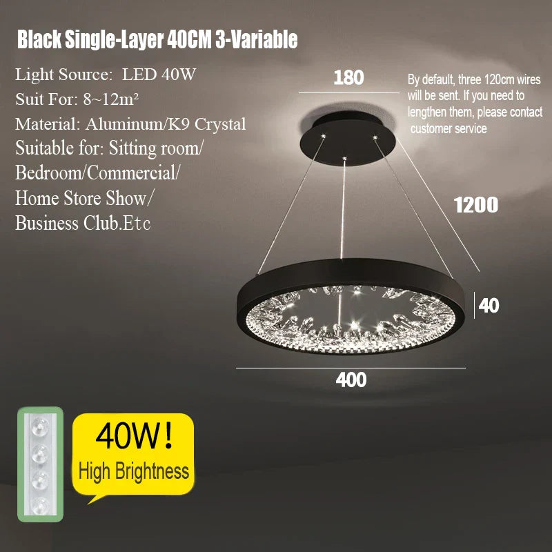 DecorBites™ Crystal Led Chandelier: Modern Luxury K9 Ring Dimmable Circle Hanging Lamp - Bedroom Living Dining Room Lighting