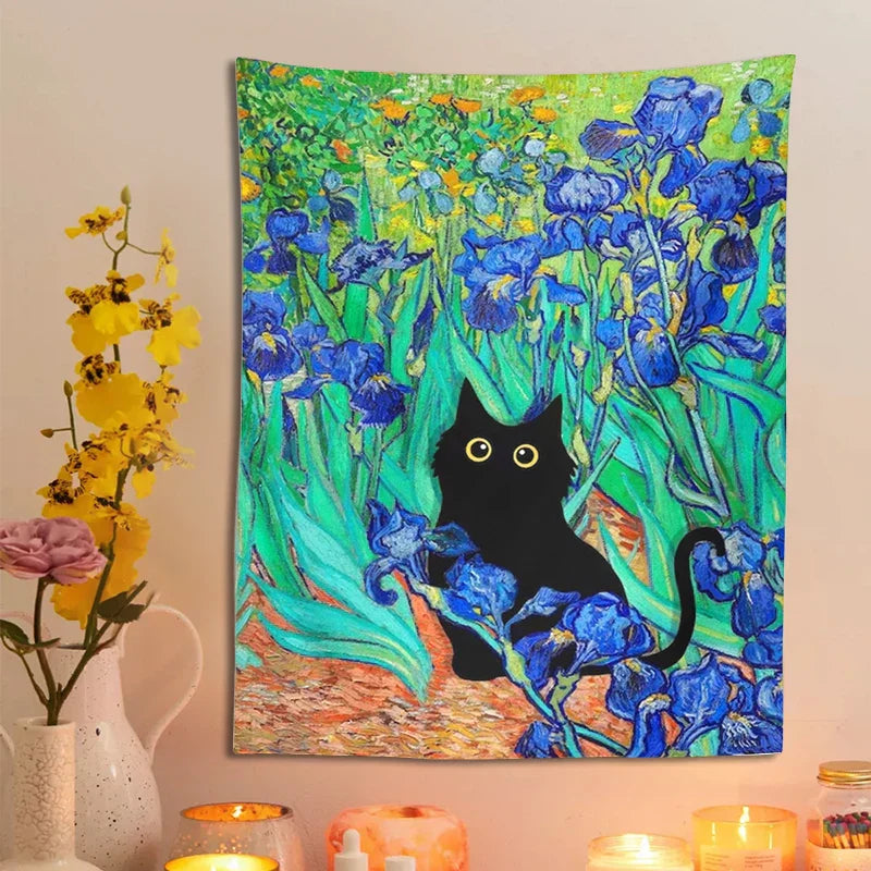 DecorBites™ Irises Cat Tapestry: Van Gogh Inspired Black Cat Art & Floral Print