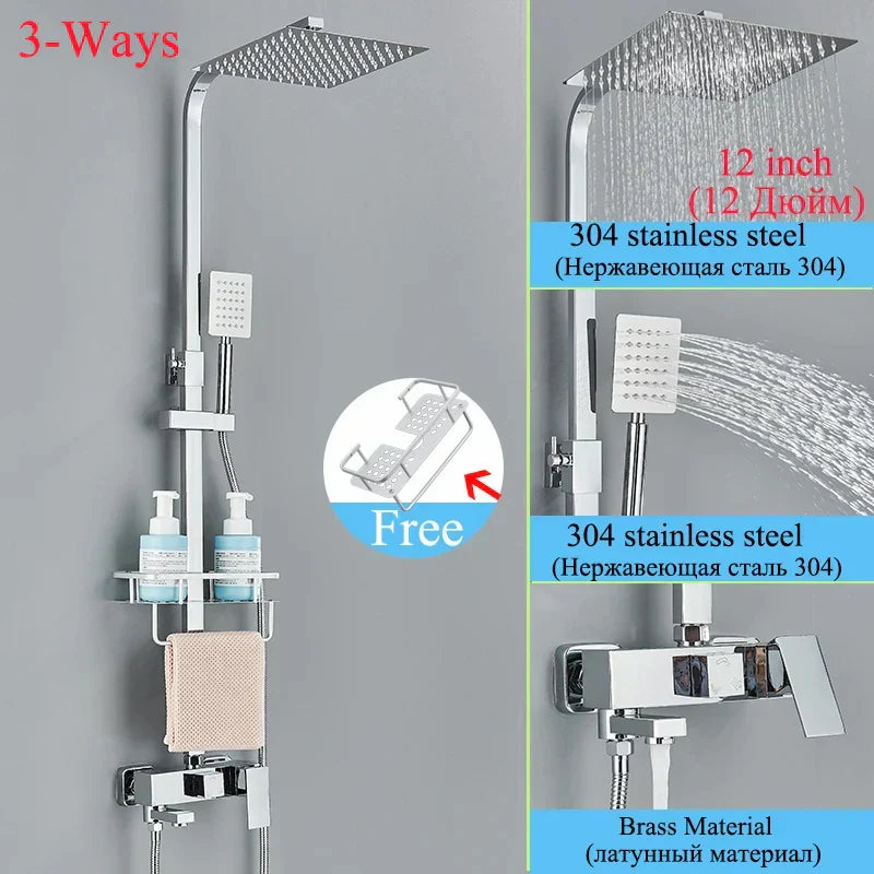 DecorBites™ Black Brass Shower Faucet Set with Rotatable Tub Spout and Rain Shower Column