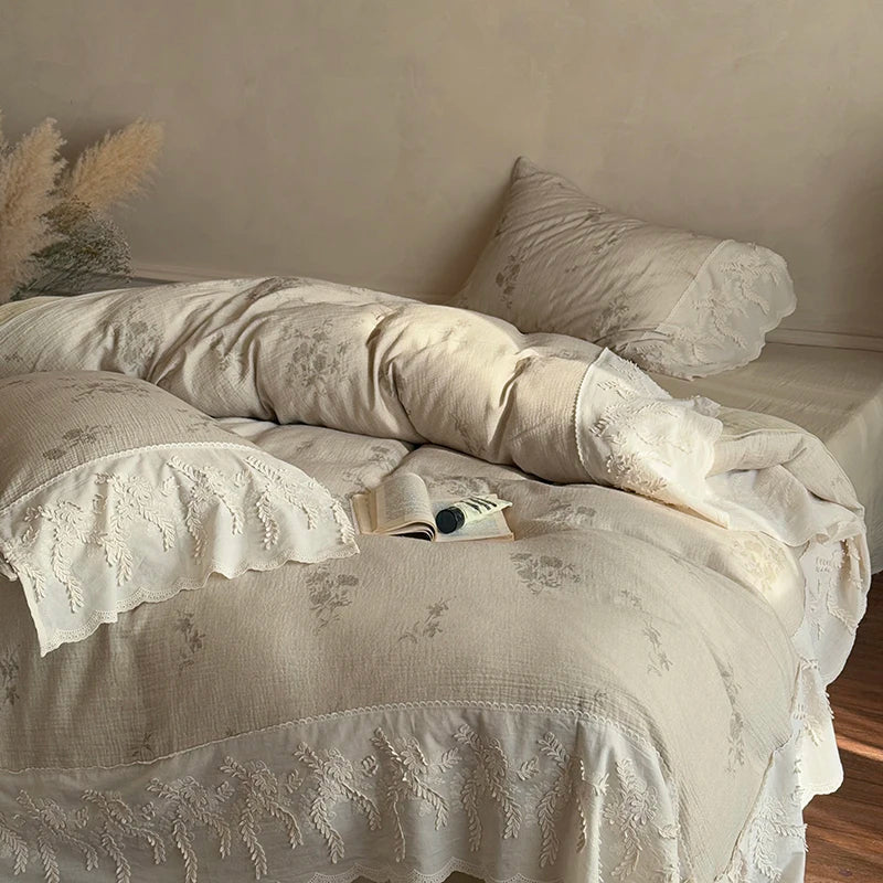 DecorBites™ French Lace Flowers Bedding Set, 100% Cotton Double Layer, Soft Duvet Cover, Bed Sheet, Pillowcases