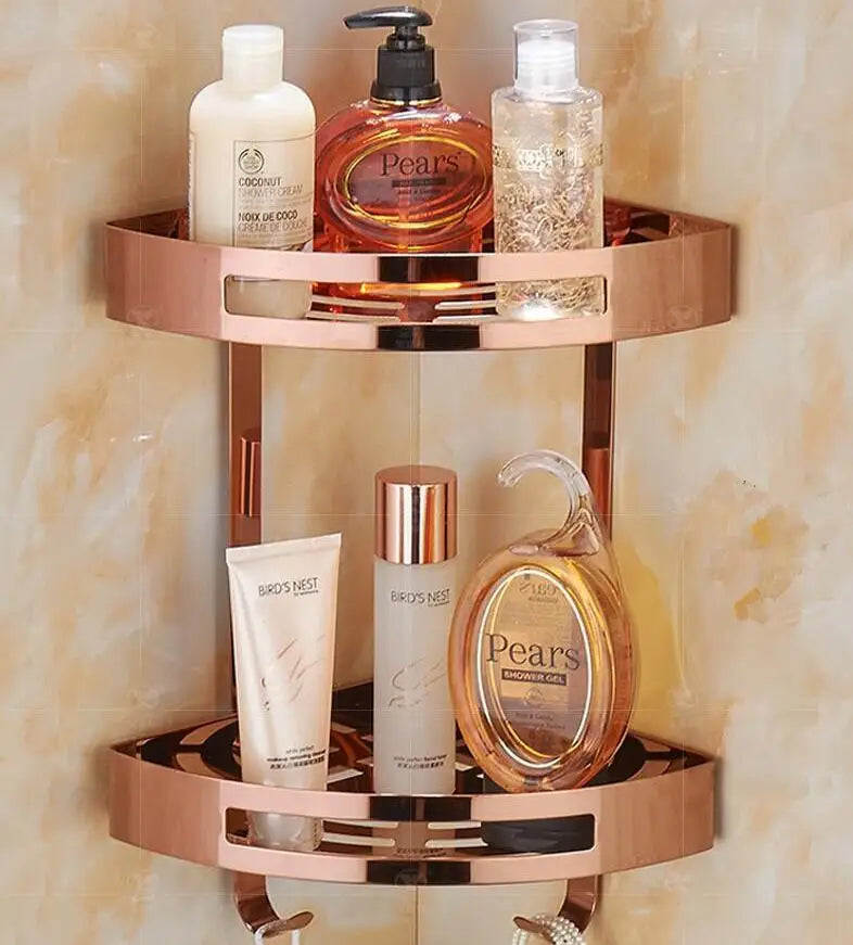 DecorBites™ Gold Stainless Steel Bathroom Corner Shelf – Rose Gold Shower Caddy