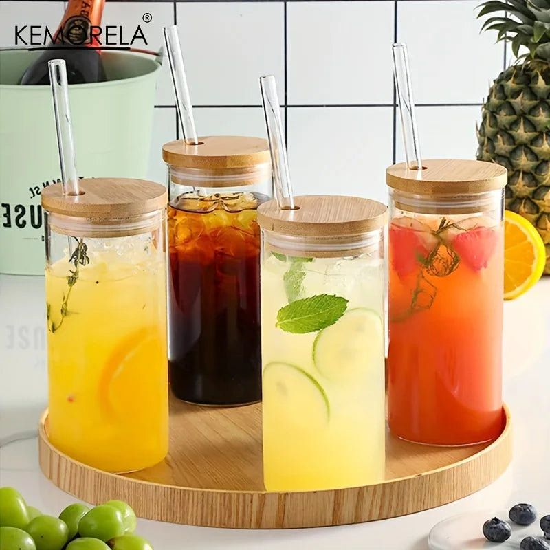 DecorBites™ 4-Piece Set Clear Glass Tumbler Cups with Bamboo Lids and Straws - 600ML