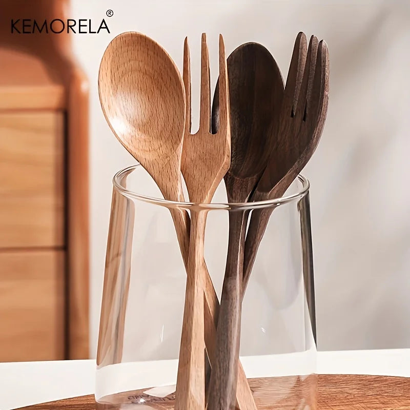 DecorBites™ 2-Piece Wooden Fork and Spoon Set | Korean-Inspired Tableware for Desserts and Rice