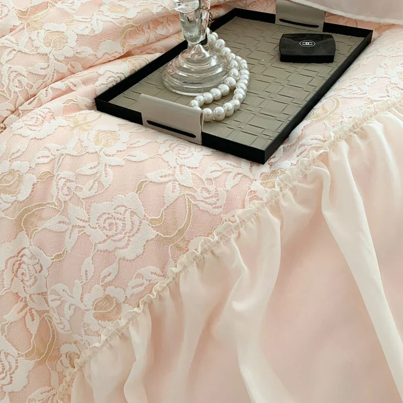 DecorBites™ Pink French Princess Bedding Set, Queen Size, Soft & Cozy with Lace Ruffles