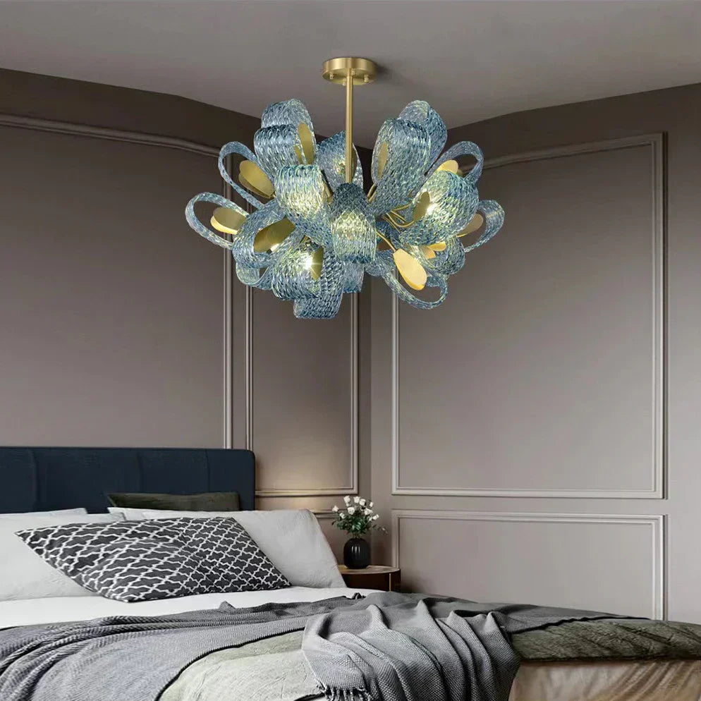 DecorBites™ ثريا سقف نحاسية على شكل ورقة شجر طاووس زرقاء بتصميم آرت ديكو بتقنية LED لغرفة المعيشة