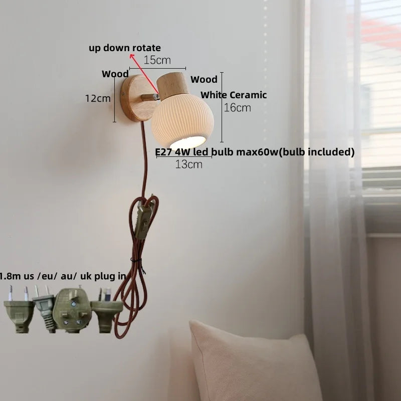 DecorBites™ LED Wall Lights Wood White Ceramic Rotate, Living Room Bedside Lamp