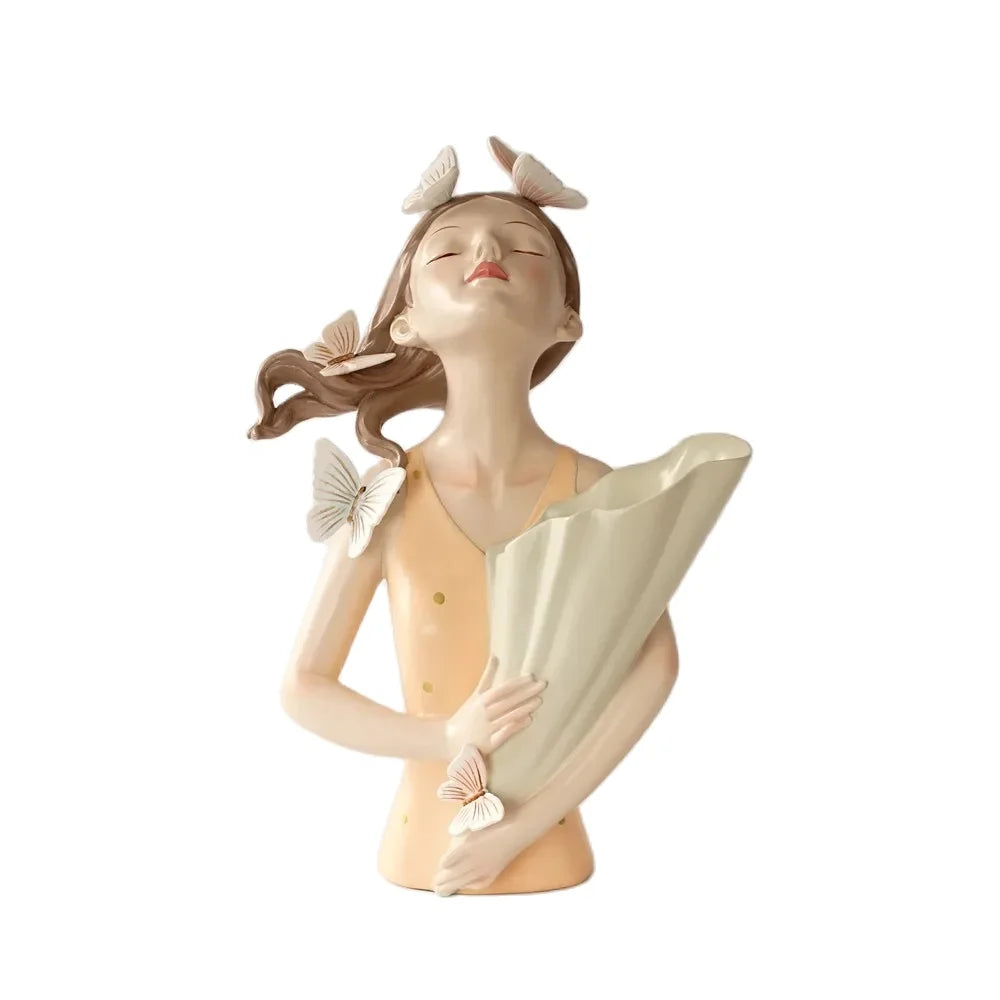 DecorBites™ 30cm Pink Butterfly Girl Vase Statue Modern Home Decor Resin Figurines