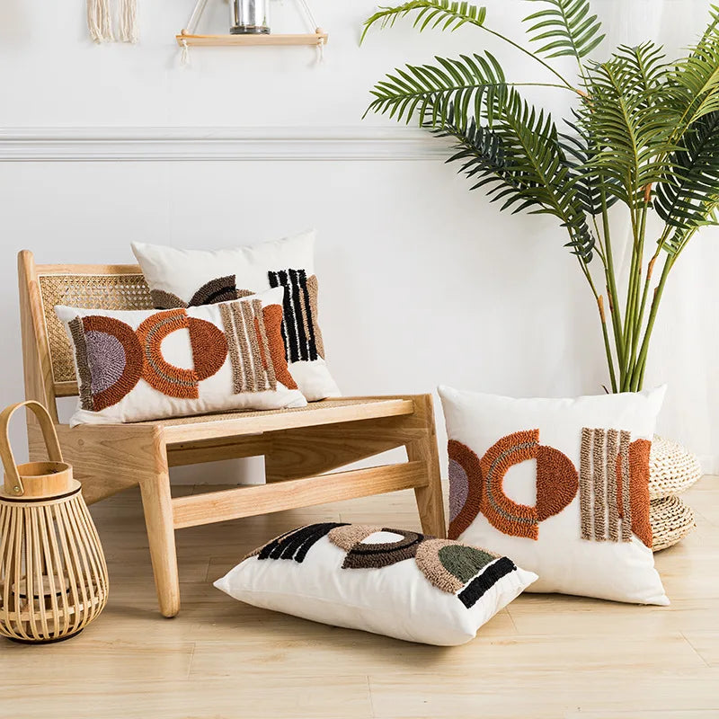 Housse de coussin DecorBites™ demi-cercle en toile de coton tuftée brodée - Moderne et élégante