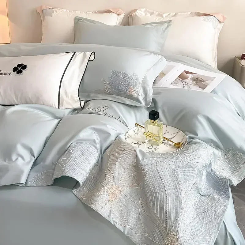 DecorBites™ Cotton King Size Embroidery Bedding Set: Soft Comforter Set with Double Duvet Cover & Sheet