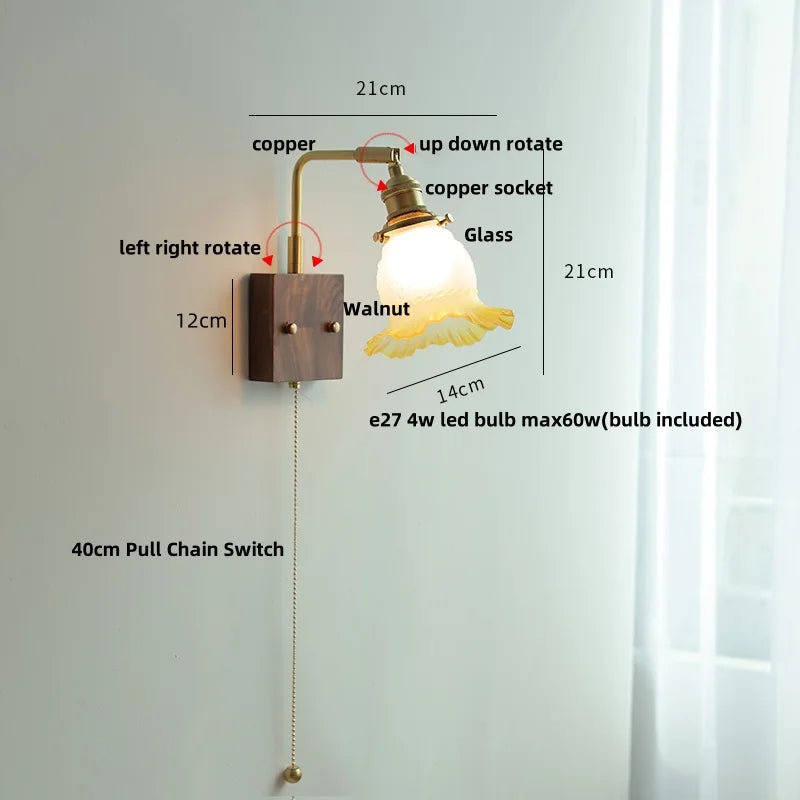 DecorBites™ Glass Pink LED Wall Lights Pull Chain Switch Rotatable Sconce Bedside Lamp