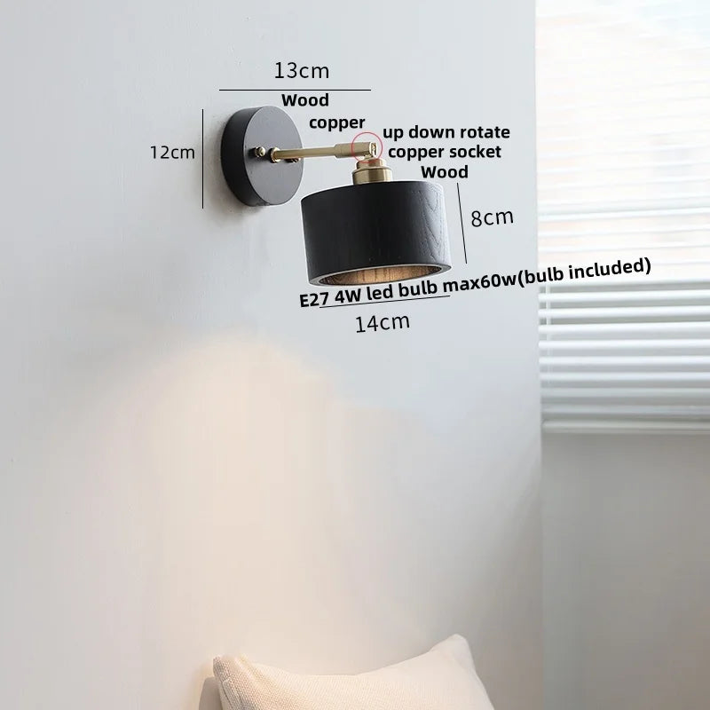 DecorBites™ Black Wood LED Wall Light with Pull Chain Switch, Rotating Japanese Style Bedside Lamp