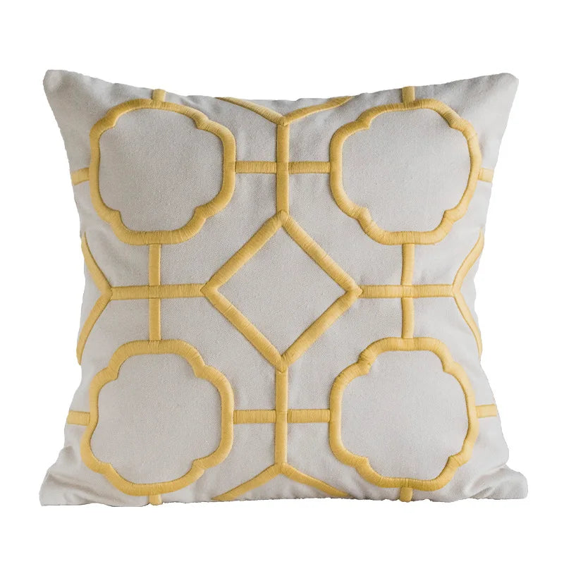 DecorBites™ Geometric Embroidery Cushion Cover Navy Blue White Yellow 50x50cm Home Decor Pillow