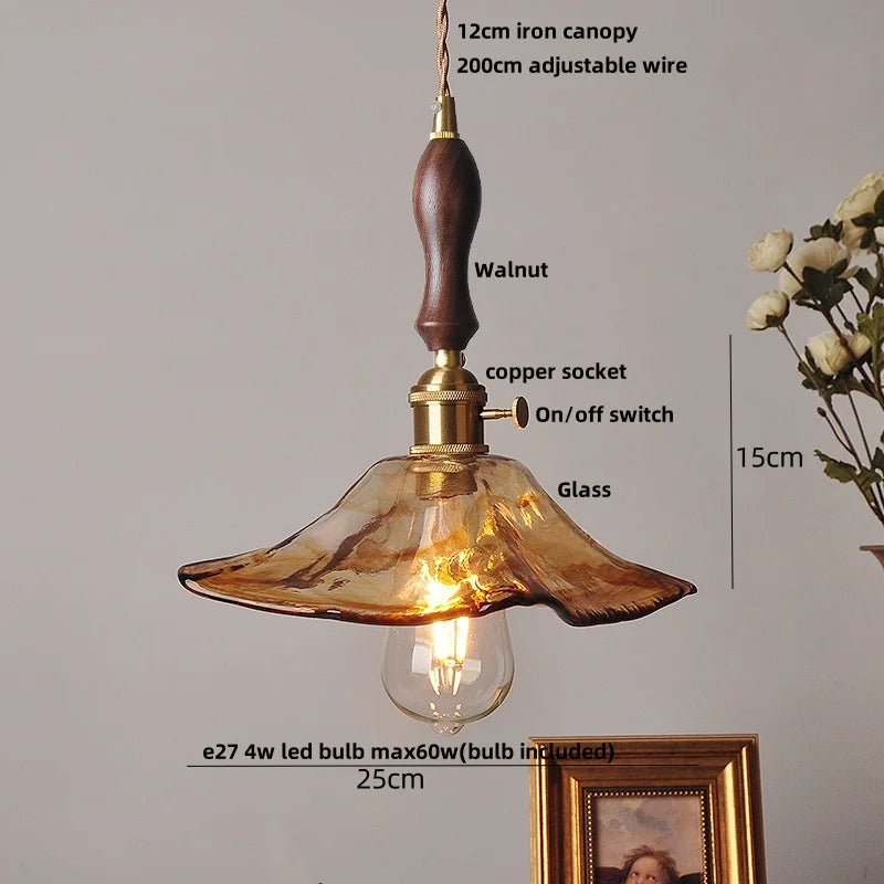 DecorBites™ Brass Knob Switch LED Pendant Light, Nordic Amber Glass Hanging Lamp
