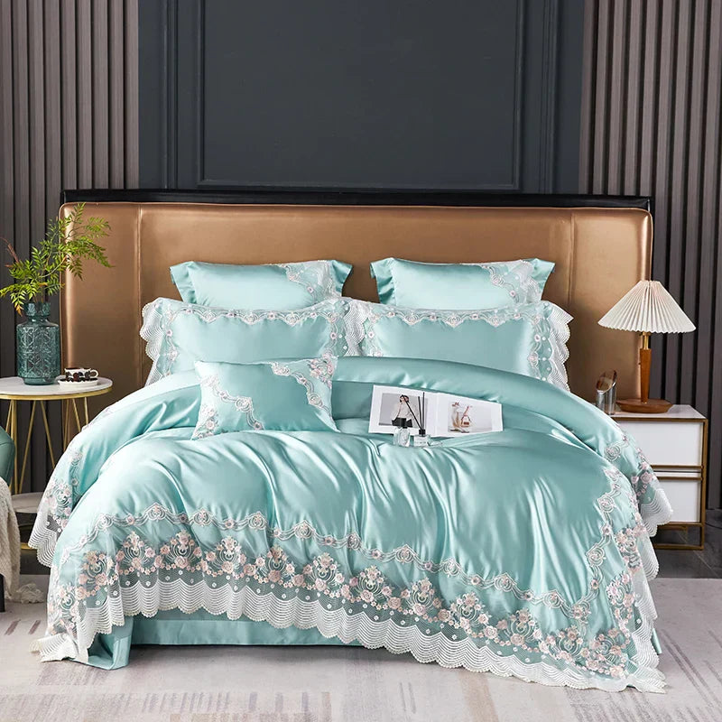 طقم مفروشات سرير الزفاف الفرنسي الفاخر من الحرير القطني المخرم من DecorBites™ لغرف نوم الأميرات الأنيقة
