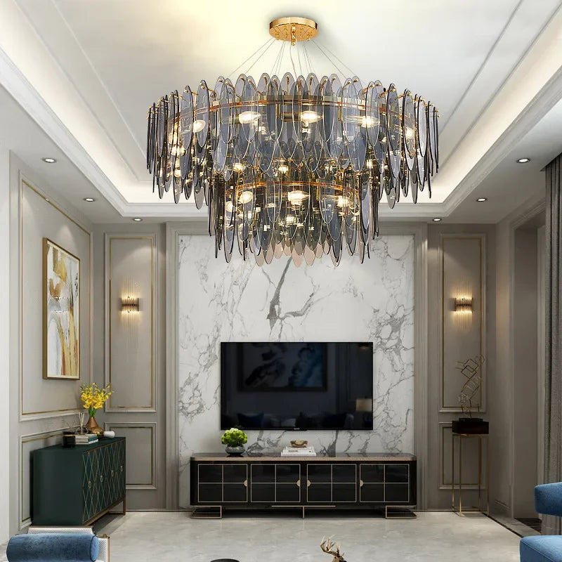 ثريا زجاجية ذهبية بإضاءة ليد من DecorBites™ لغرفة الطعام والمعيشة وغرفة النوم_الكلمة الرئيسية: مصابيح متدلية