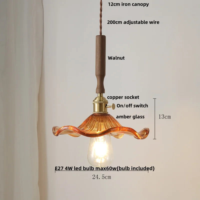 DecorBites™ Amber Glass LED Pendant Light, Nordic Modern Design, Walnut Wood, Dining Living Room Lighting