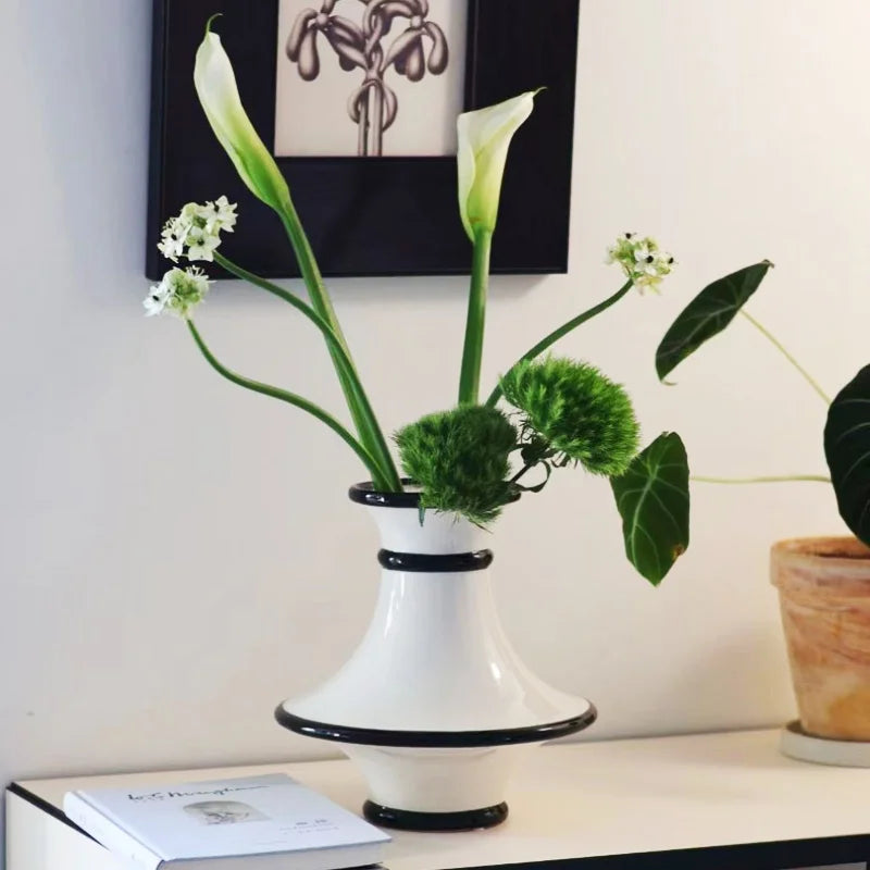 DecorBites™ Geometric Black White Stripes Ceramic Vase Home Decor Floral Arrangement