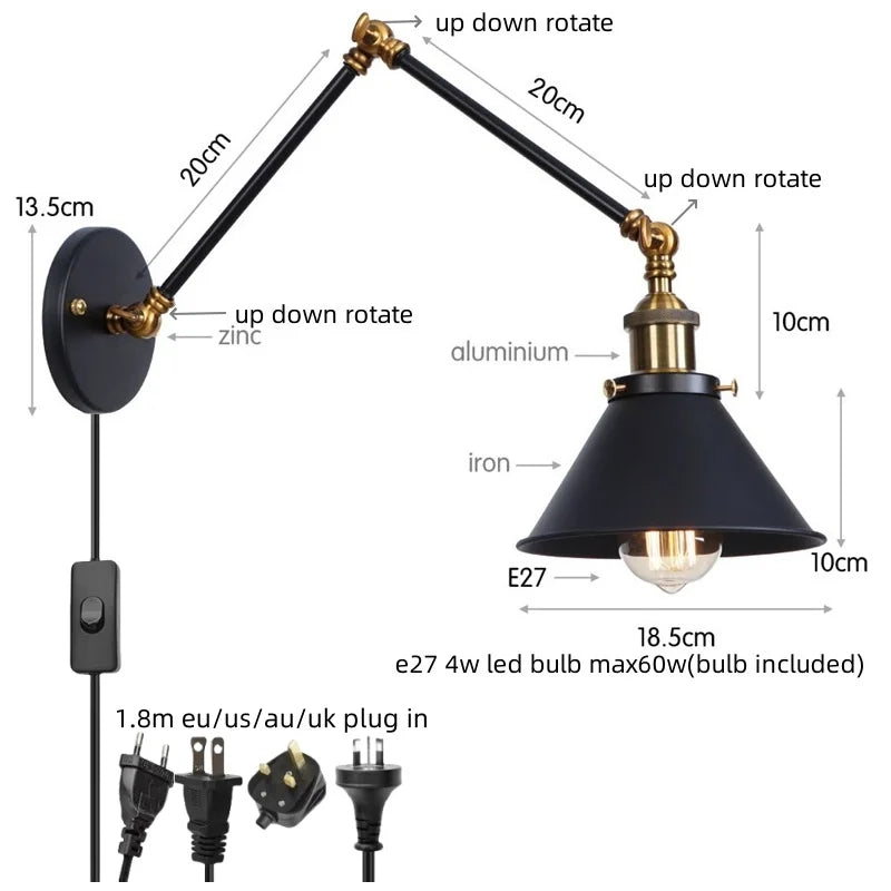 DecorBites™ Gold Long Arm LED Wall Sconce with Pull Chain Switch