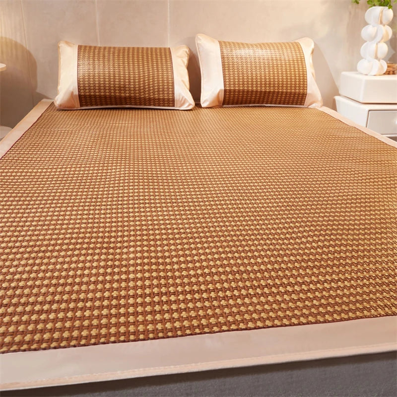 DecorBites™ Jacquard Cool Down Rattan Mat - Natural Rattan & Ice Rayon Bed Cooling Mat