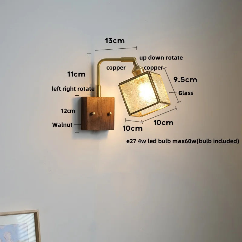 DecorBites™ LED Walnut Wood Cube Glass Wall Light with Pull Chain Switch
