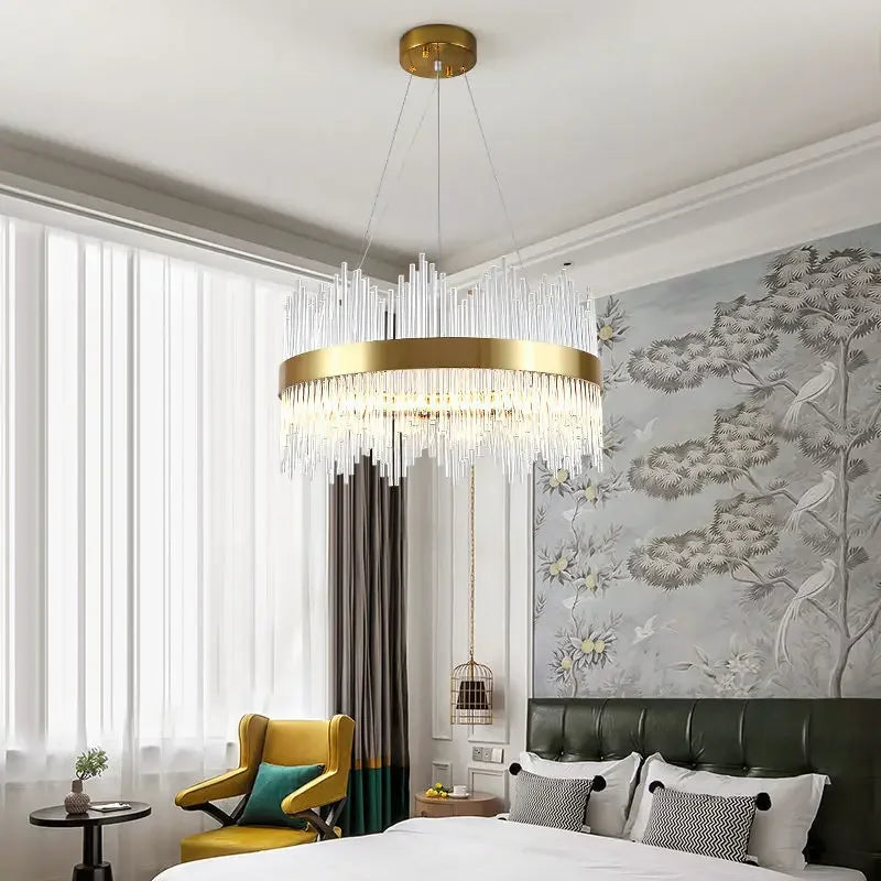 Lustre en Cristal Doré DecorBites™ : Suspension de Luxe Dimmable pour Chambre, Salon et Hôtel