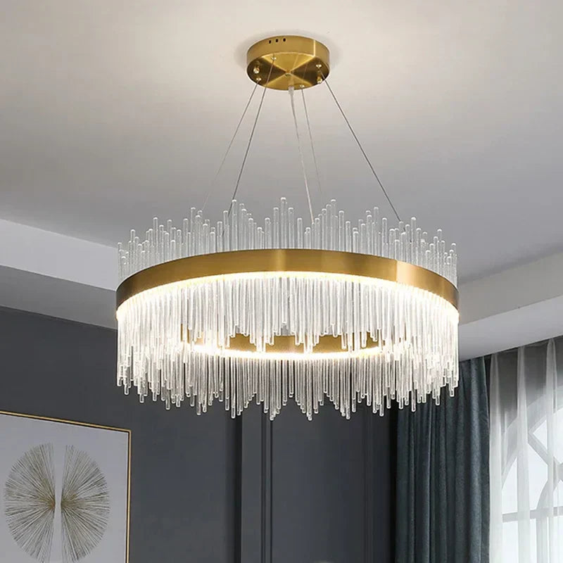 Lustre en Cristal Doré DecorBites™ : Suspension de Luxe Dimmable pour Chambre, Salon et Hôtel