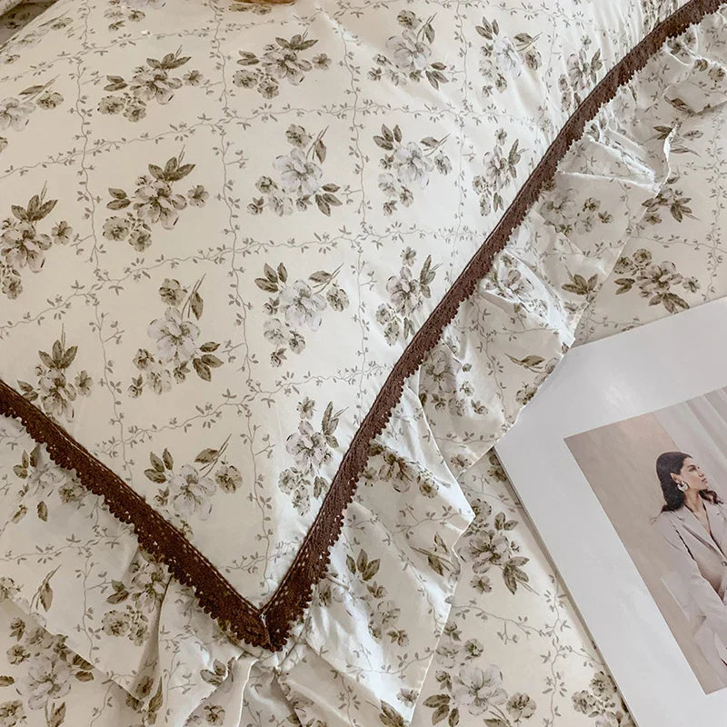 DecorBites™ French Floral Bedding Set, 100% Cotton, Ruffles, Duvet Cover, Bed Sheet, Pillowcases