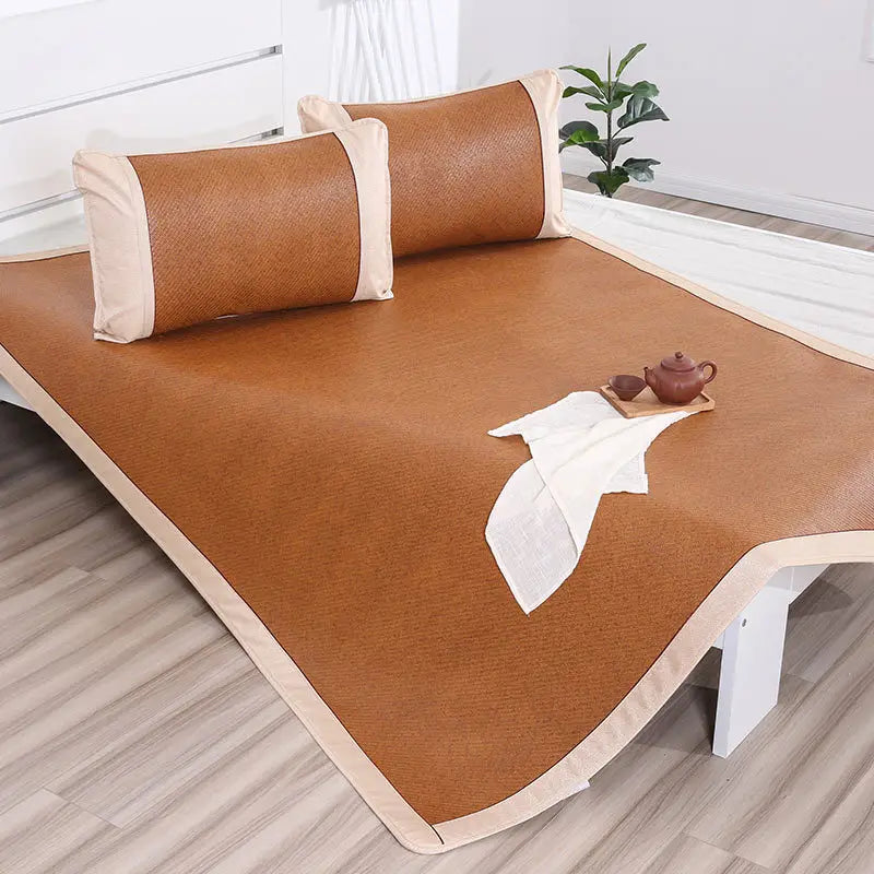 DecorBites™ Jacquard Cool Down Rattan Mat - Natural Rattan & Ice Rayon Bed Cooling Mat