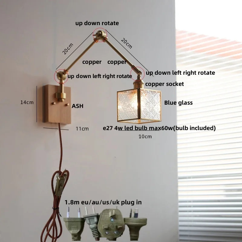 DecorBites™ Ash Wood LED Wall Lights Swing Arms Blue Glass Bedside Lamp