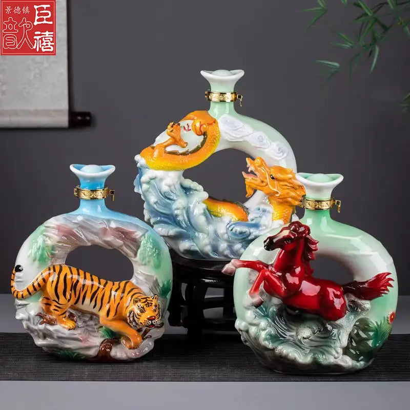 DecorBites™ تمثال زجاجة نبيذ من السيراميك جينغدتشن هدية زودياك صيني 3 كجم
