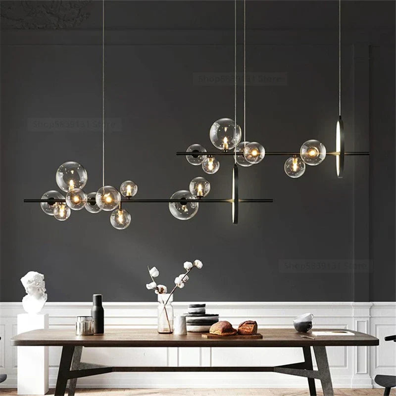 DecorBites™ Glass Ball LED Chandelier: Modern Long Pendant Lighting for Living Room and Shop