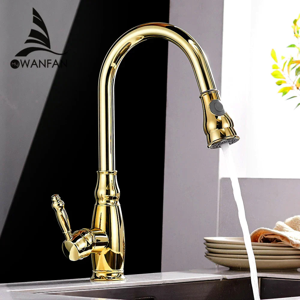 خلاط حوض المطبخ الذهبي DecorBites™ مع رشاش سحب دوار - WF-4118