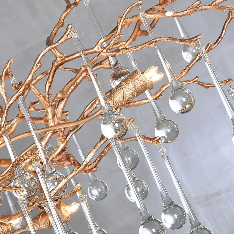 فانوس السقف LED من DecorBites™ على شكل فرع كريستالي، مصباح تعليق نحاسي فاخر