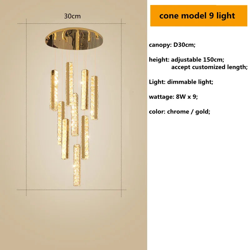 أضواء معلقة من الكريستال من الستيل المطلي بالكروم الذهبي من DecorBites™ مزودة بإضاءة LED قابلة للتعتيم لدرج الفيلا