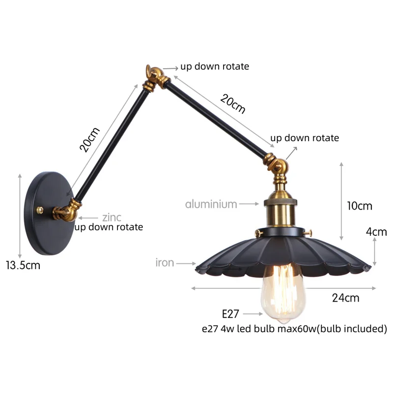 DecorBites™ Gold LED Industrial Wall Lamp with Pull Chain Switch