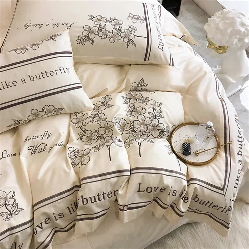 DecorBites™ French Embroidered Cotton Bedding Set Queen Duvet Cover Luxury 100s, High-End Quality