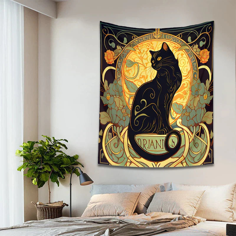 DecorBites™ Black Cat Tapestry Wall Hanging Art Nouveau Floral Boho Decor