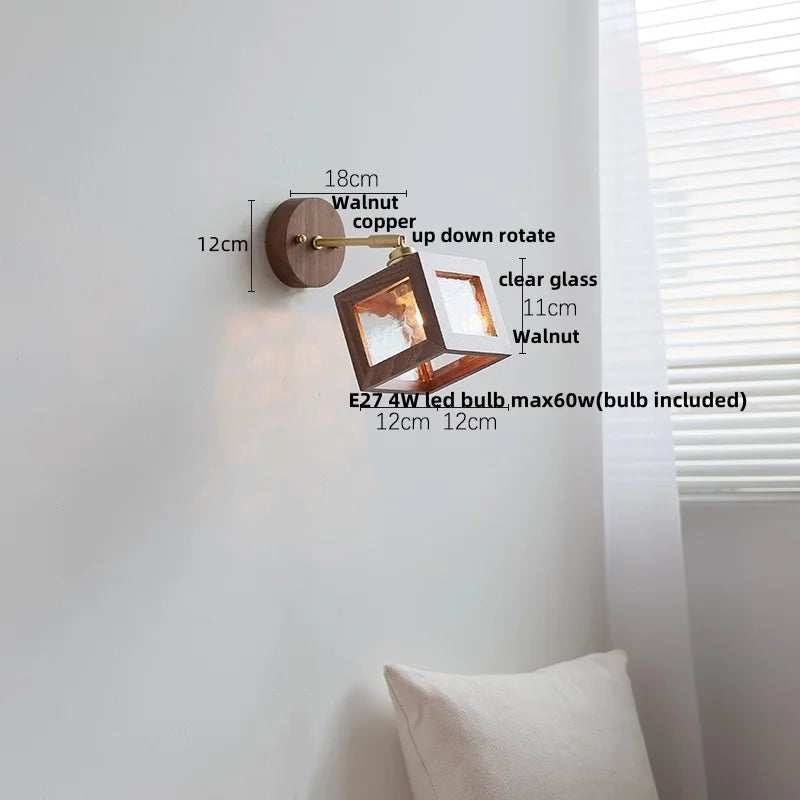 DecorBites™ Clear Glass LED Wall Sconce Walnut Wood Bedroom Living Room Modern Fixture
