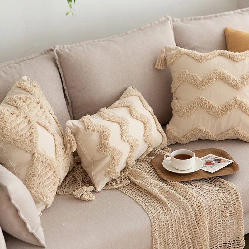 DecorBites™ Geometric Tufted Tassel Pillowcases Cotton Linen Handmade Fringed Throw Pillow Covers