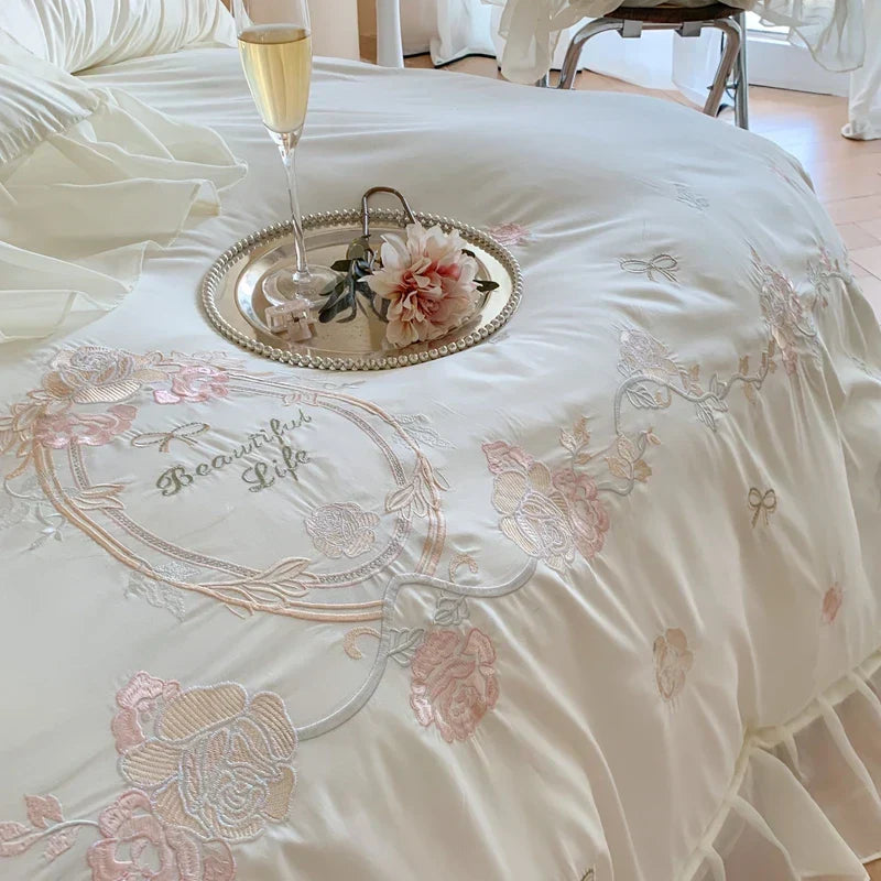 DecorBites™ 4Pcs Flowers Embroidery Princess Queen Bedding Set with Lace Ruffles