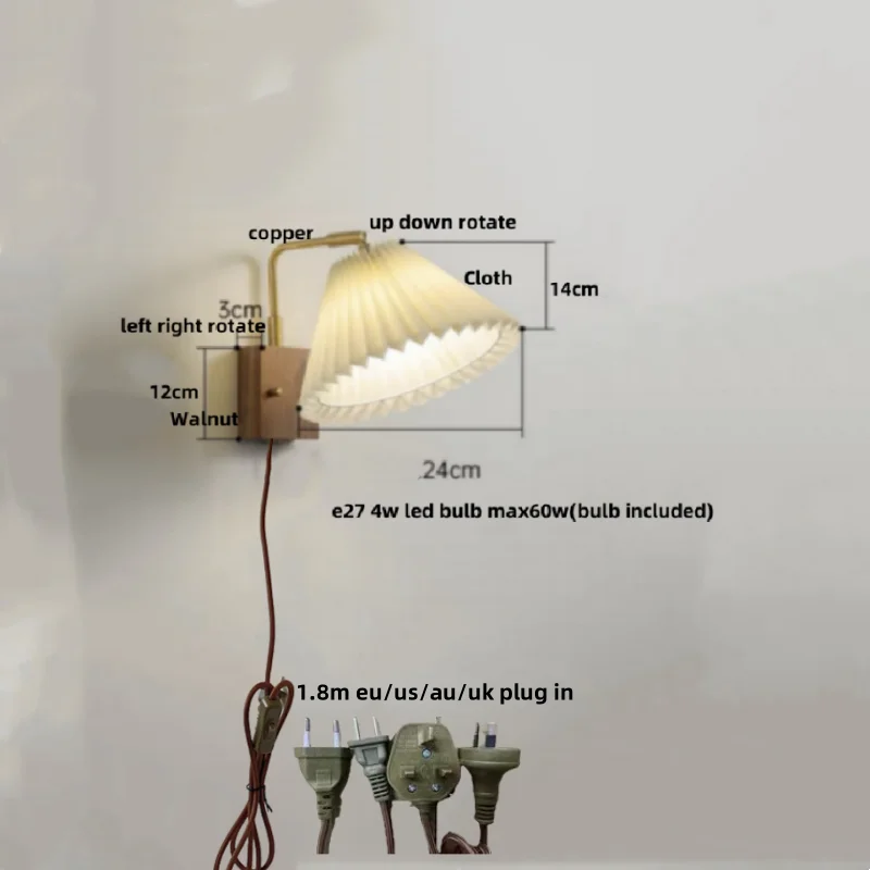 DecorBites™ LED Wall Light Walnut Wood Rotate Copper Bedside Lamp