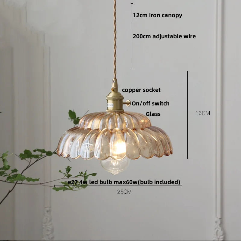 DecorBites™ Amber Glass Walnut Wood LED Pendant Lamp with Copper Knob Switch
