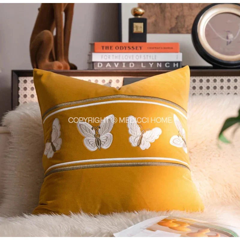 DecorBites™ French Night Velvet Throw Pillow Case with Embroidered Butterflies