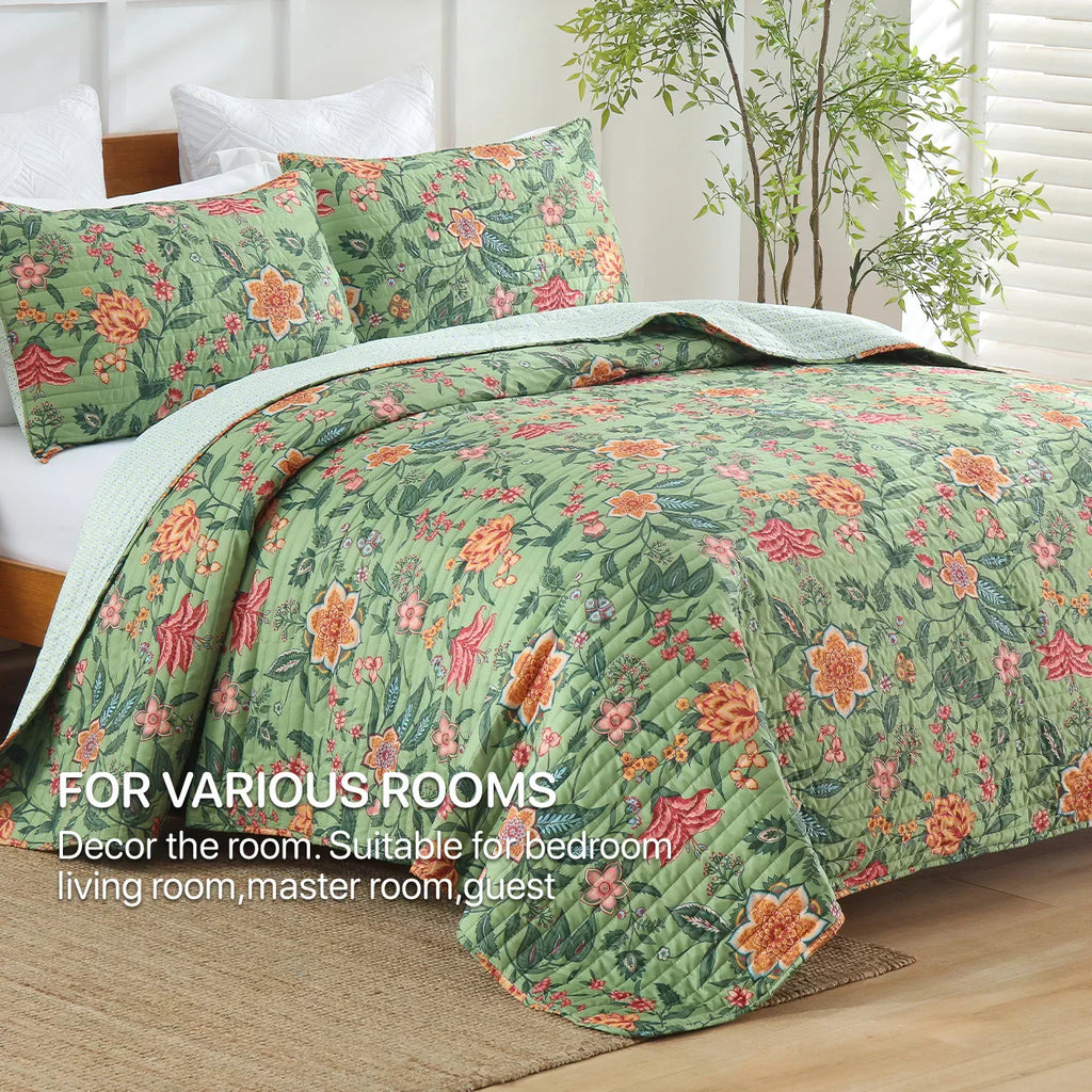 طقم لحاف DecorBites™ الأخضر بنقوش زهور من 3 قطع، لحاف كبير مع أغطية وسائد