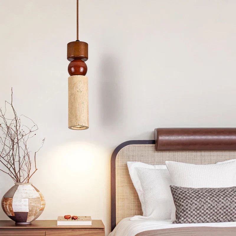 DecorBites™ Cuboid Stone LED Pendant Lights Wood Yellow Travertine Interior Lighting Hanging Lamp