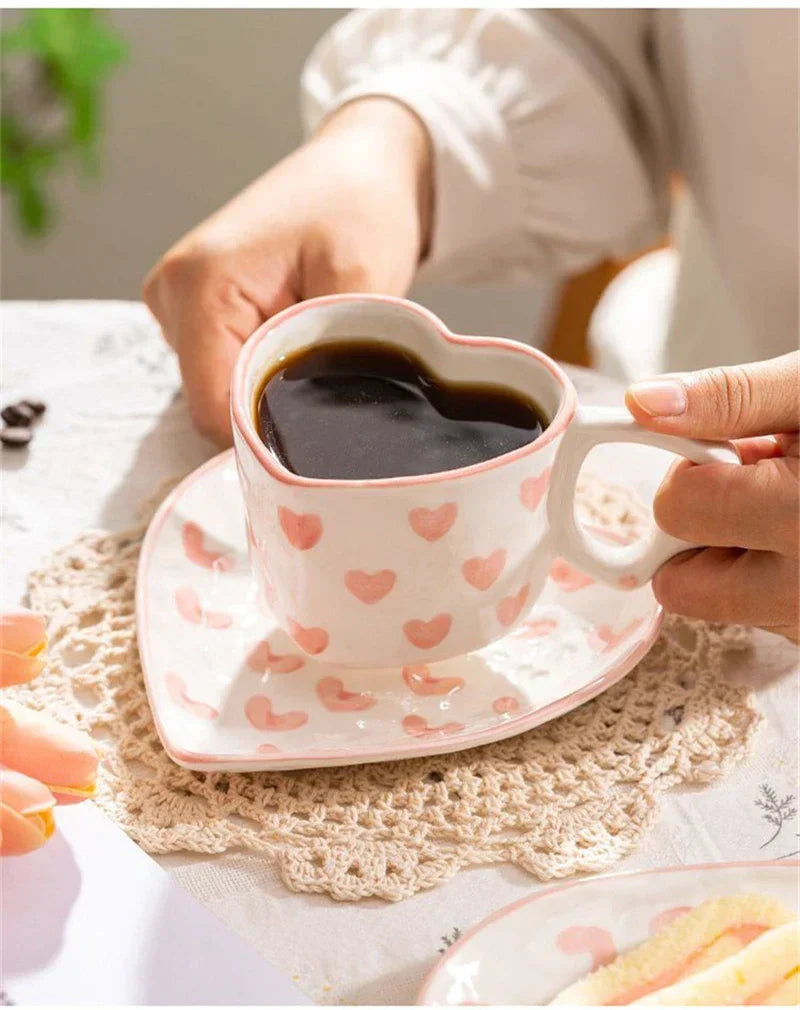 DecorBites™ 250ml Coffee Cup and Saucer Set with Heart Handle Hand-painted Pink Hearts