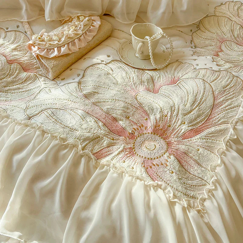 DecorBites™ French Princess Wedding Bedding Set, Lace Ruffles, Flowers Embroidery.