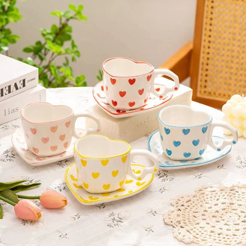 DecorBites™ 250ml Coffee Cup and Saucer Set with Heart Handle Hand-painted Pink Hearts