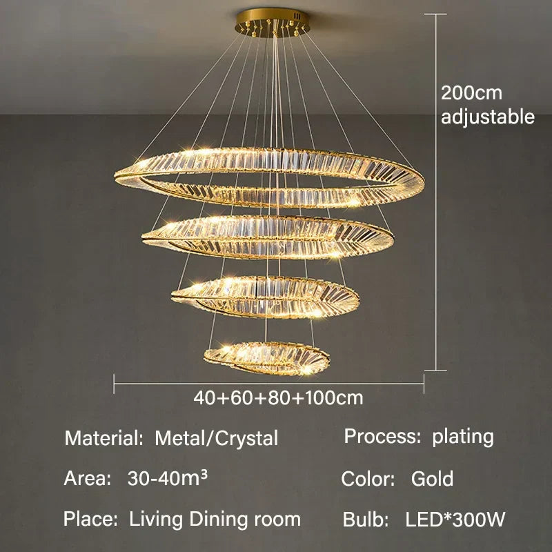 ثريا قلادة كريستال ذهبية بتقنية LED من DecorBites™ لإنارة غرف المعيشة والطعام الفاخرة والديكور