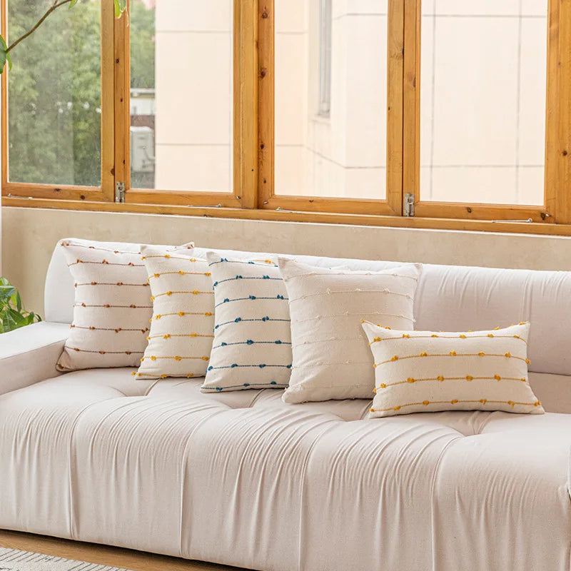 DecorBites™ Cotton Stripe Jacquard Cushion Cover Set: Blue Yellow Grey Pink Beige Black